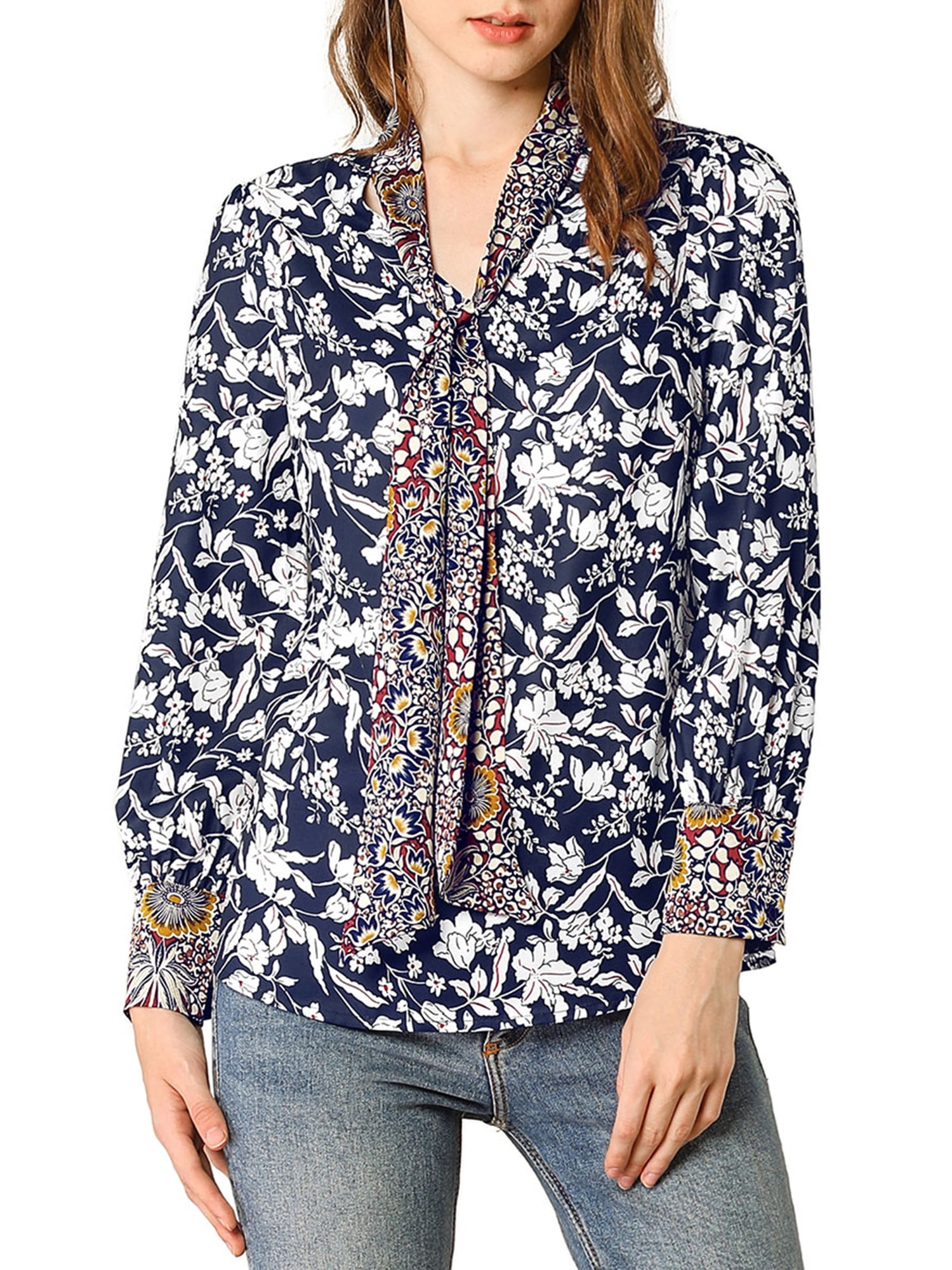 Unique Bargains Women's Boho Floral Printed Shirt V Neck Pussy Bow Blouse