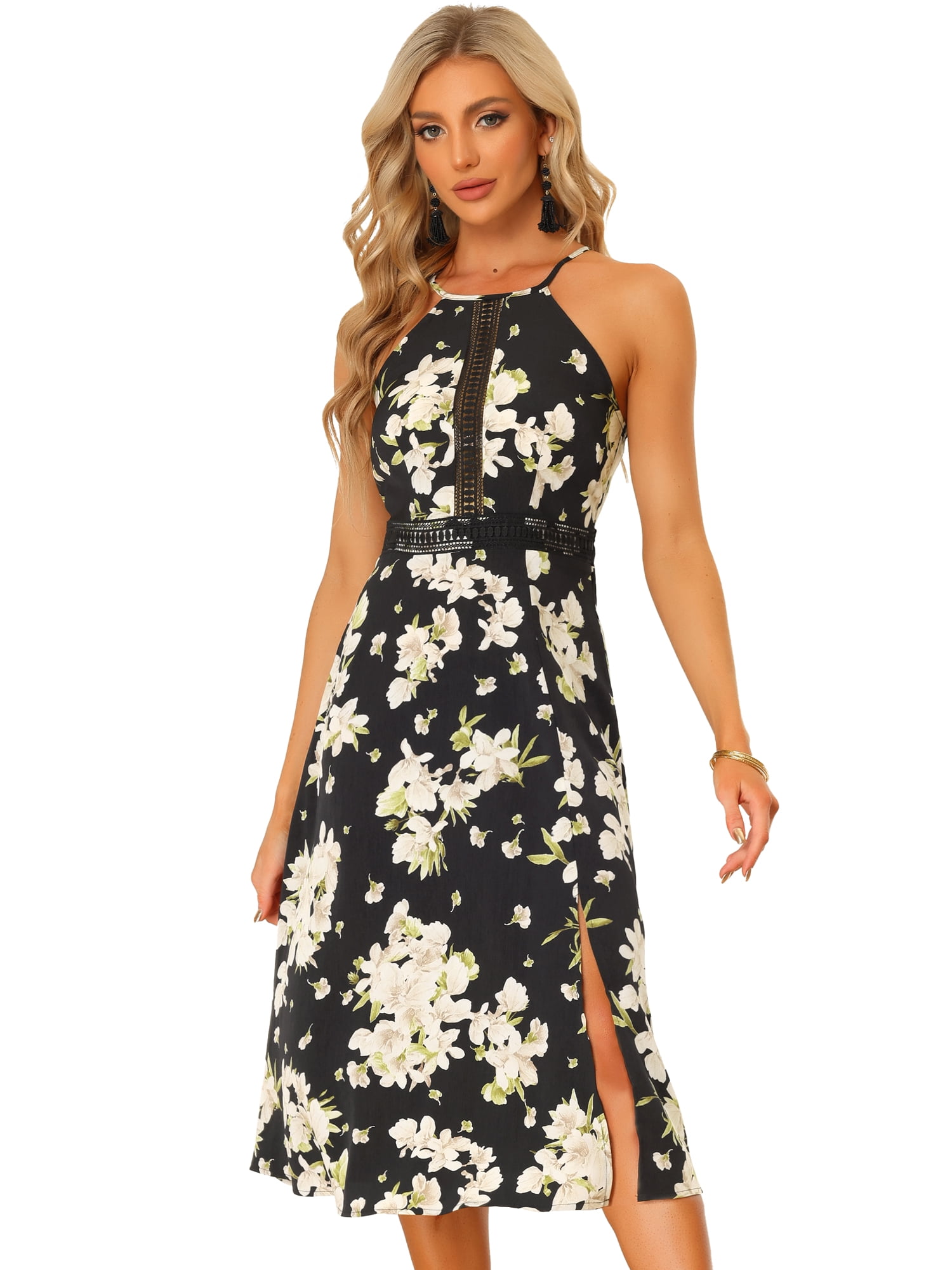 DARING DIVA Women's Boho Floral Split Sleeveless Halter Neck Dresses M Black