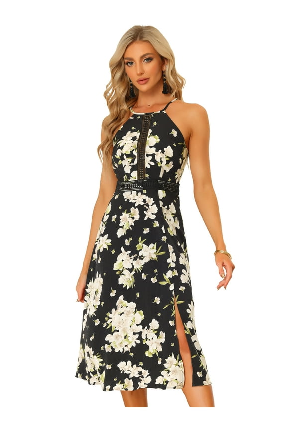 Women's Boho Floral Split Sleeveless Halter Neck Dresses M Black