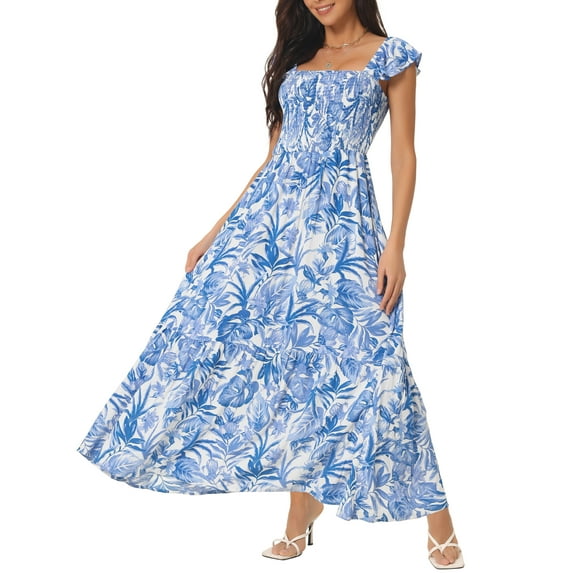 Unique Bargains Women's Boho Smocked Dresses Ruffle Cap Sleeve Floral Flowy Maxi Sundress XL Blue