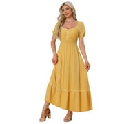 Unique Bargains Women's Boho V Neck Puff Short Sleeves Beach Party Flowy Maxi Dresses XS Yellow