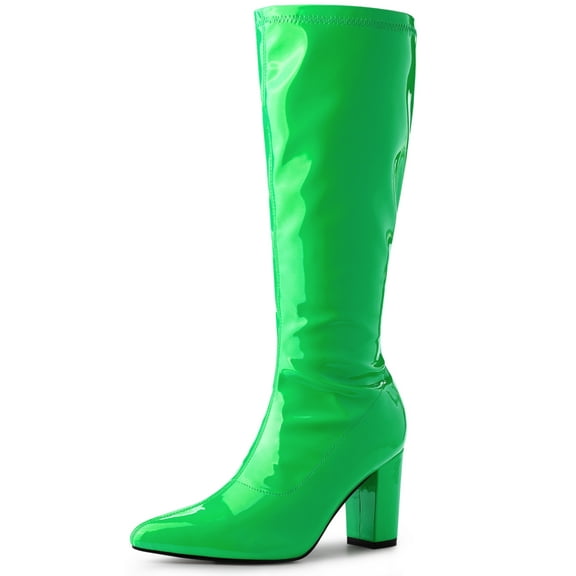 Unique Bargains Women's Boot Pointed Toe Side Zip Chunky Heels Knee High Boots Green 10