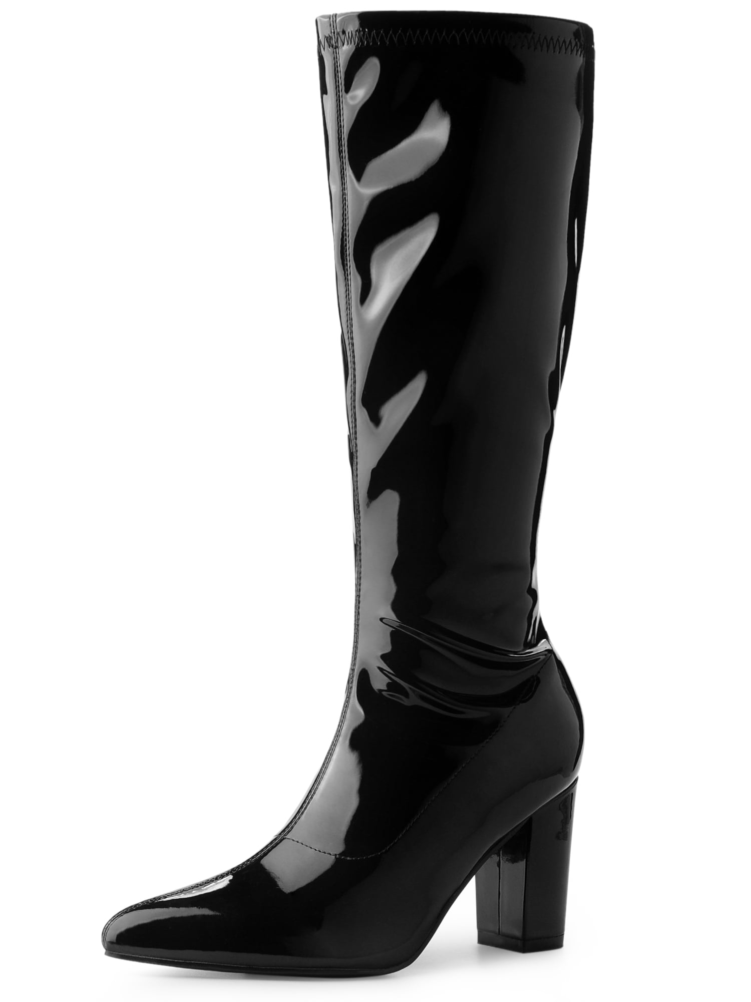 Unique Bargains Women's Boot Pointed Toe  Zip Chunky Heels Knee High Boots Black 9