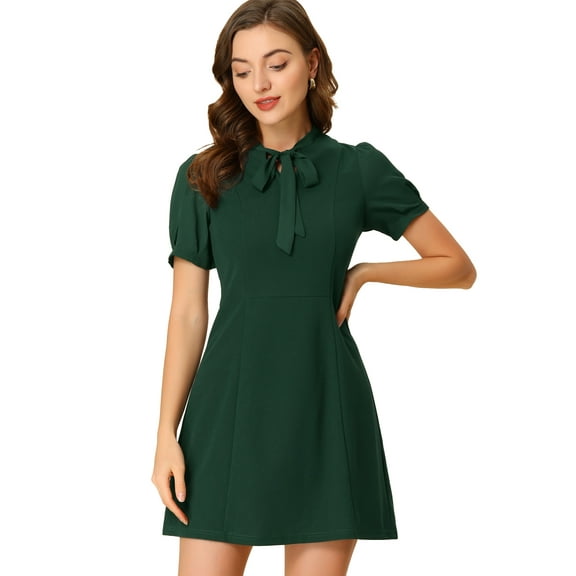 Unique Bargains Women's Bow Tie Keyhole Neck Puff Sleeve Elegant Dress Dark Green XL