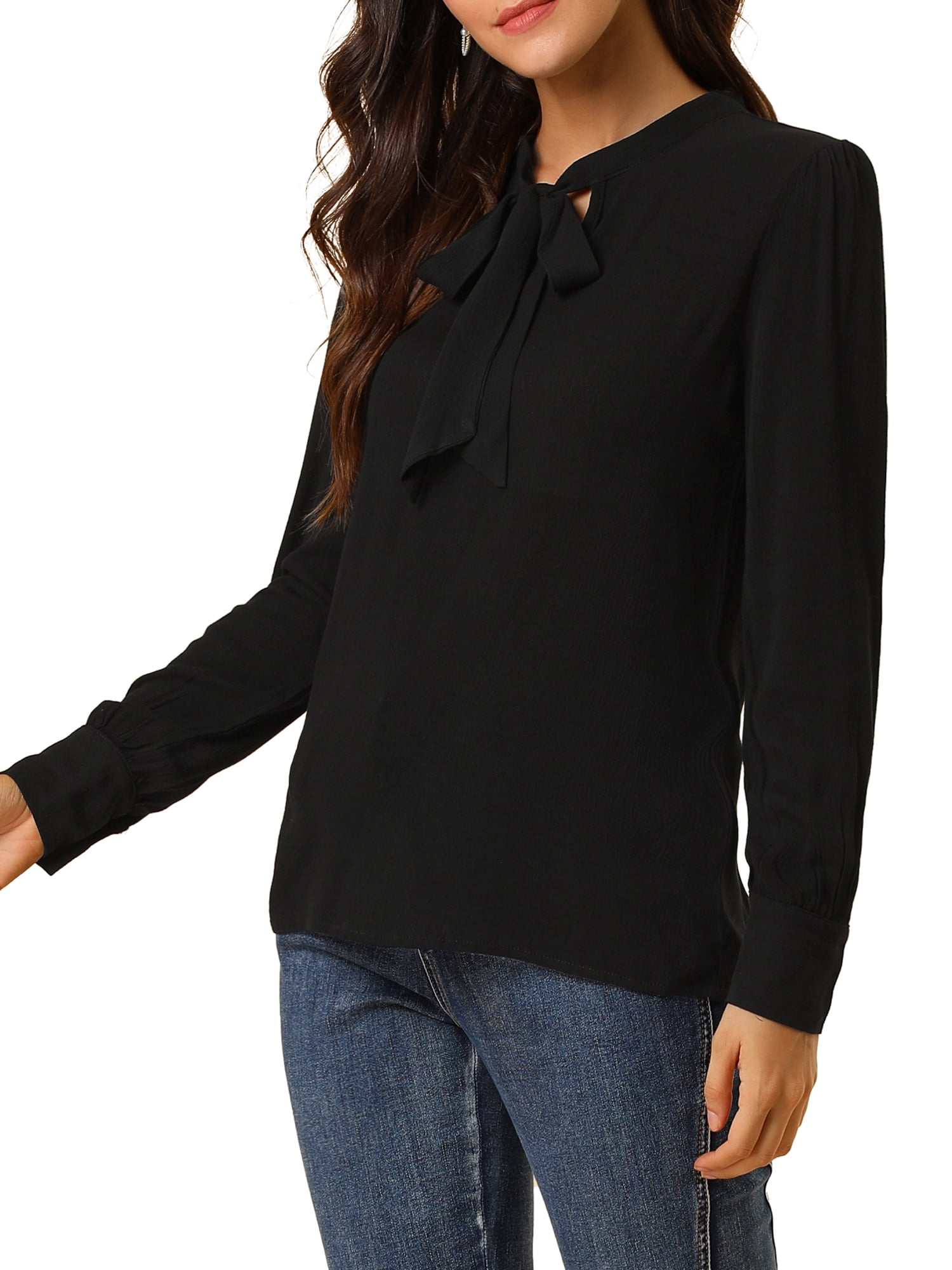 Unique Bargains Women's Bow Tie Neck Elegant Long Sleeve Solid Work Blouse XL Black
