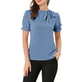thumbnail image 1 of Unique Bargains Women's Bow Tie Neck Office Elegant Short Sleeve Blouse Top L Blue, 1 of 6