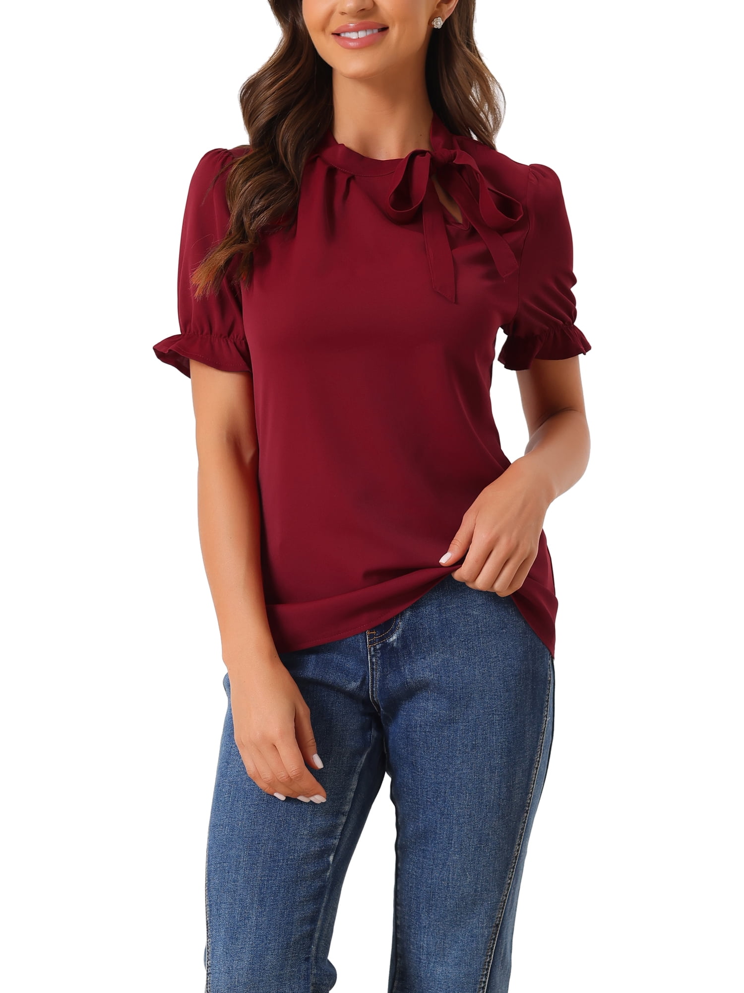 Unique Bargains Women's Bow Tie Neck Office Elegant Short Sleeve Blouse Top L Burgundy