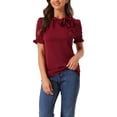 thumbnail image 1 of Unique Bargains Women's Bow Tie Neck Office Elegant Short Sleeve Blouse Top M Burgundy, 1 of 6