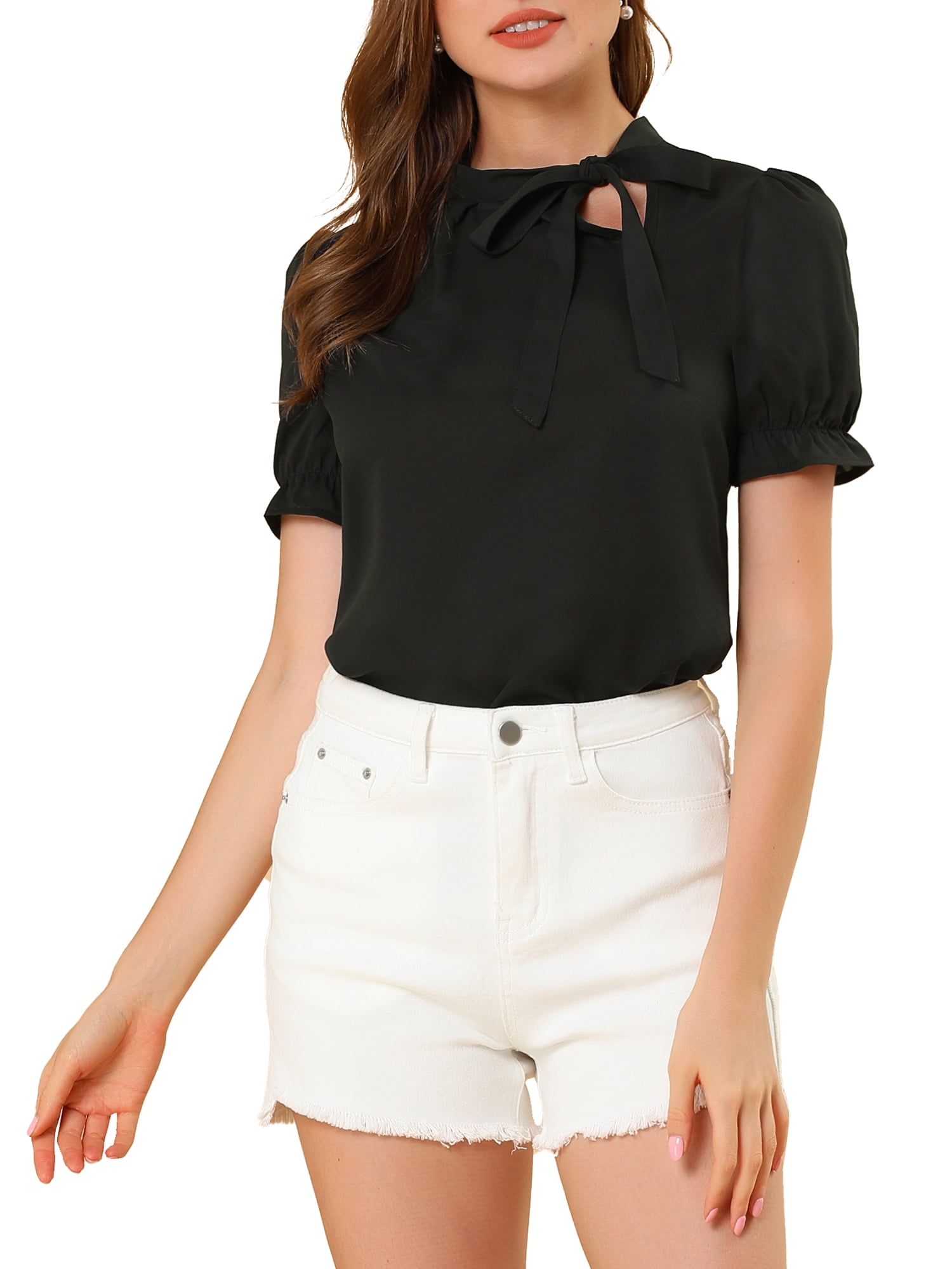 Unique Bargains Women's Bow Tie Neck Office Elegant Short Sleeve