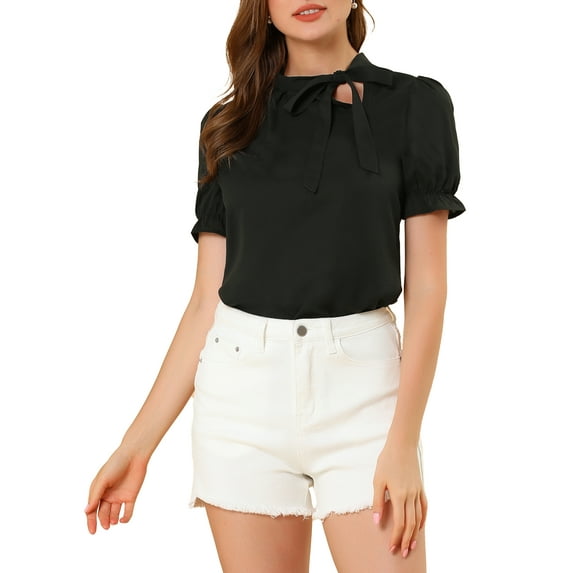 Unique Bargains Women's Bow Tie Neck Office Elegant Short Sleeve Blouse Top S Black