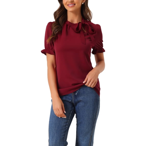 Unique Bargains Women's Bow Tie Neck Office Elegant Short Sleeve Blouse Top S Burgundy