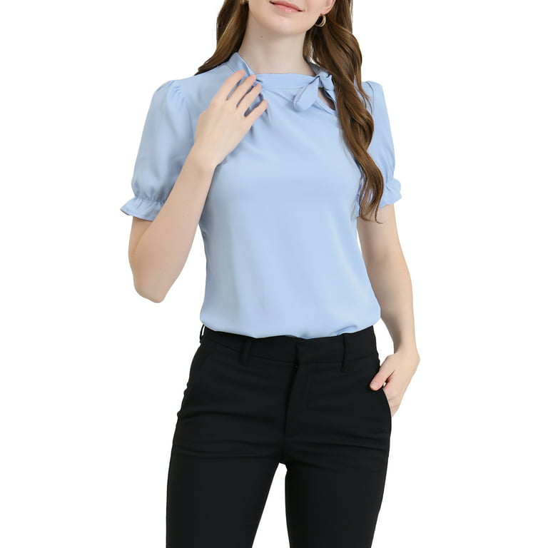 Unique Bargains Women's Bow Tie Neck Office Elegant Short Sleeve Blouse Top  S Light Blue 