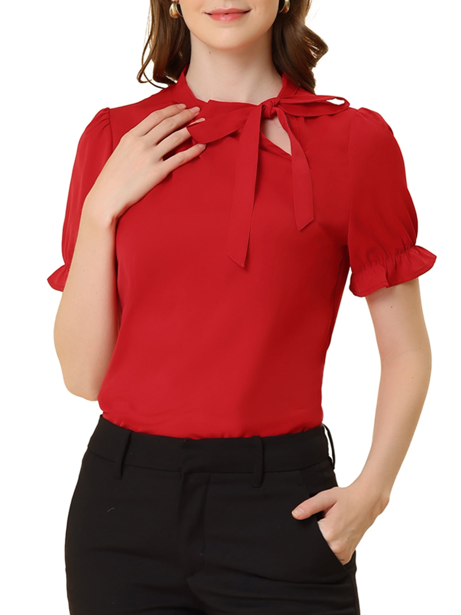 Unique Bargains Women's Bow Tie Neck Office Elegant Short Sleeve Blouse Top  S Red
