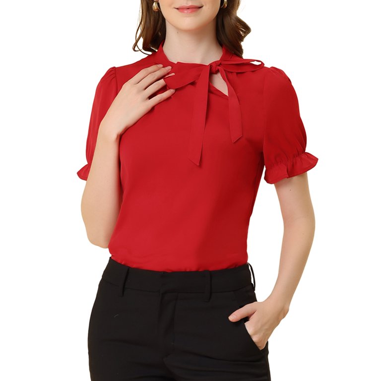 Unique Bargains Women's Bow Tie Neck Office Elegant Short Sleeve Blouse Top  S Red 