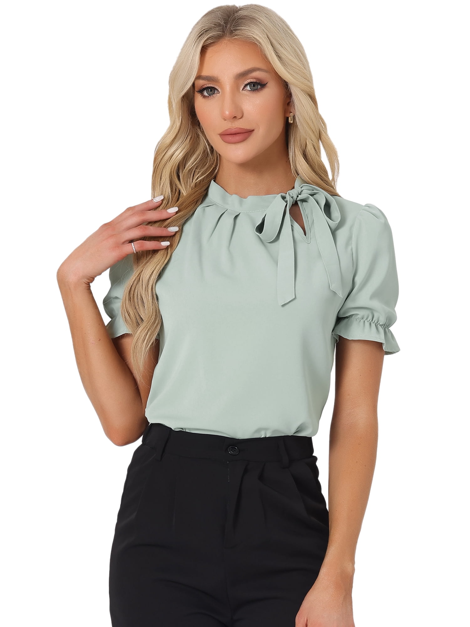 Unique Bargains Women's Bow Tie Neck Office Elegant Short Sleeve Blouse Top XL Light Green