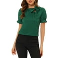 thumbnail image 1 of Unique Bargains Women's Bow Tie Neck Office Elegant Short Sleeve Blouse Top XS Deep Green, 1 of 6