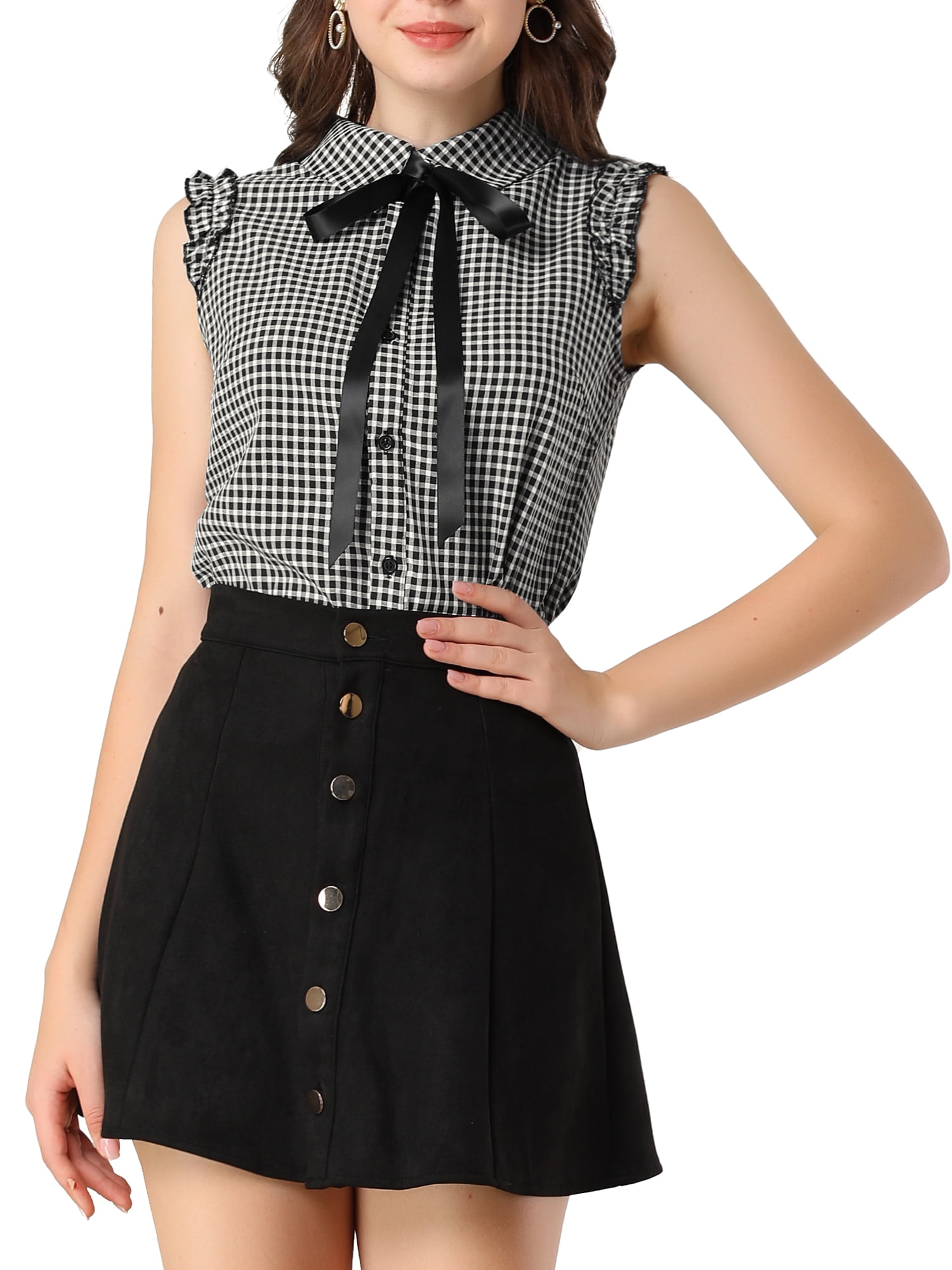 Unique Bargains Women's Bow Tie Neck Ruffle Trim Sleeveless Gingham