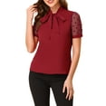 thumbnail image 1 of Unique Bargains Women's Bow Tie Neck V Neck Stand Collar Short Mesh Sleeve Blouse L Burgundy, 1 of 6