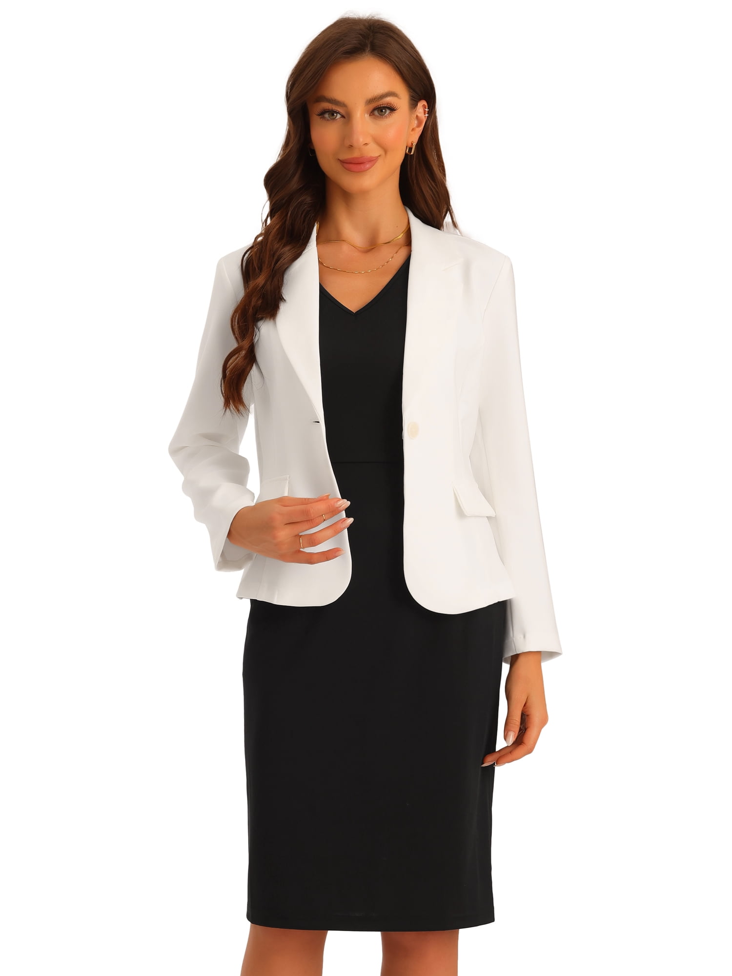 Unique Bargains Women's Business 2pc Outfit V Neck Solid Dress Suit Sets Blazer Dresses M White