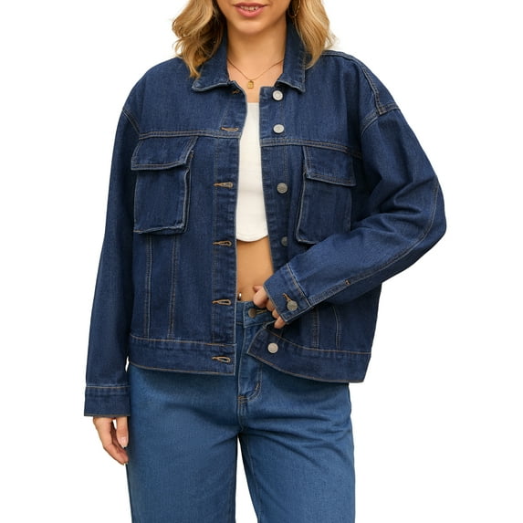 Unique Bargains Women's Button Down Cargo Pockets Denim Western Outfits 2XL Dark Blue