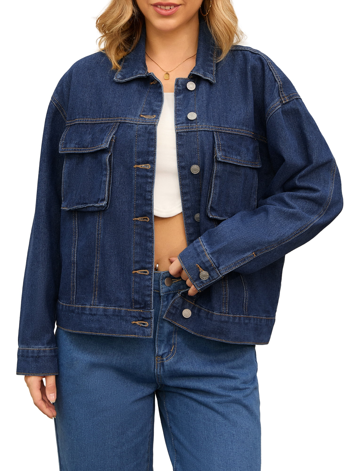 Unique Bargains Women's Button Down Cargo Pockets Denim Western Outfits M Dark Blue