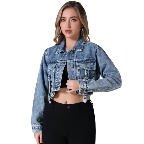 Unique Bargains Women's Button Down Cargo Pockets Washed Jean Jackets L Gray Blue