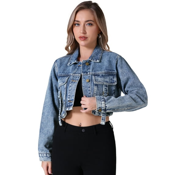 Unique Bargains Women's Button Down Cargo Pockets Washed Jean Jackets L Gray Blue