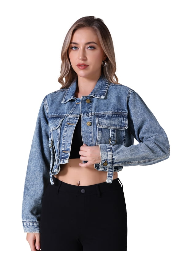 Women's Button Down Cargo Pockets Washed Jean Jackets L Gray Blue