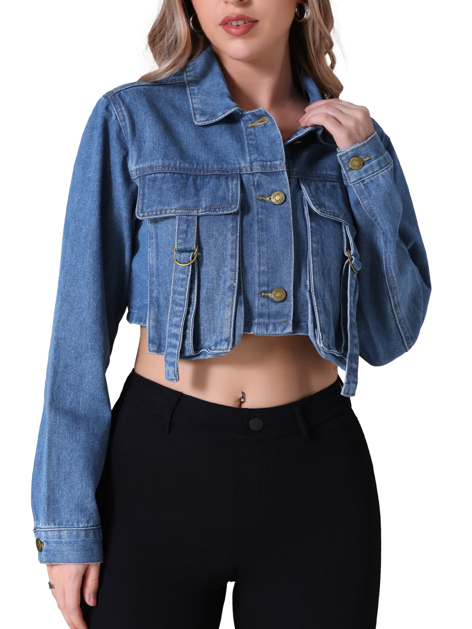 Unique Bargains Women's Button Down Cargo Pockets Washed Jean Jackets S Blue