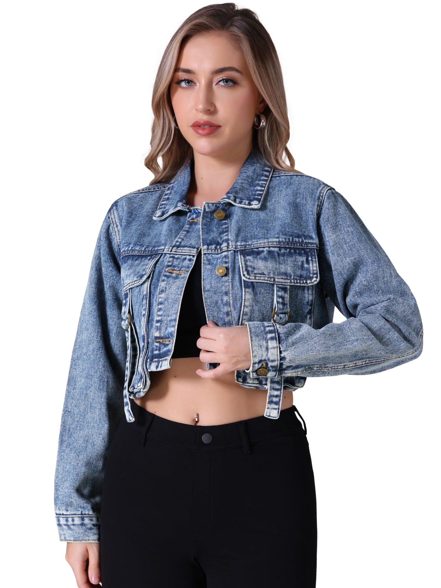 Unique Bargains Women's Button Down Cargo Pockets Washed Jean Jackets S Gray Blue