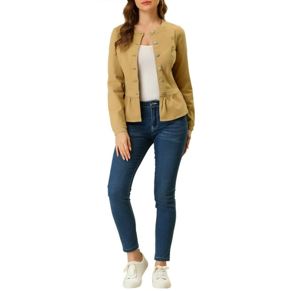 Unique Bargains Women's Button Down Cropped Ruffle Hem Denim Jacket S Khaki