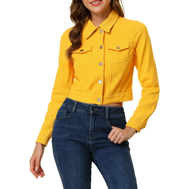 Unique Bargains Women's Button Down Long Sleeve Cropped Denim Jacket M  Yellow 