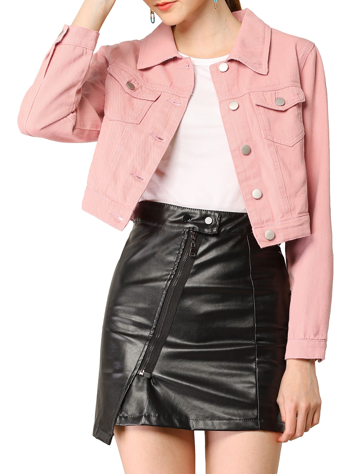 Unique Bargains Women's Button Down Long Sleeve Cropped Denim Jacket S Peach Pink - image 1 of 8