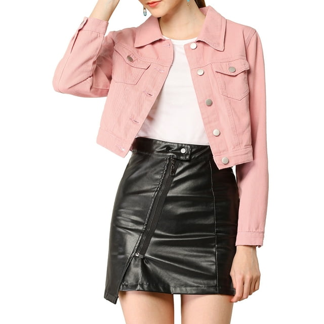 Unique Bargains Women's Button Down Long Sleeve Cropped Denim Jacket S Peach Pink