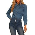 thumbnail image 1 of Unique Bargains Women's Button Down Puff Long Sleeves Denim Jean Blouse, 1 of 6