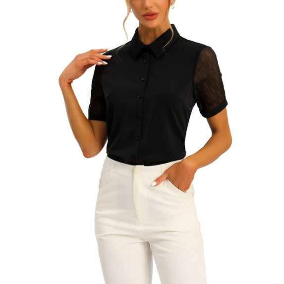 Unique Bargains Women's Button Down Shirt Sheer Short Sleeve Point Collar Tops Black L