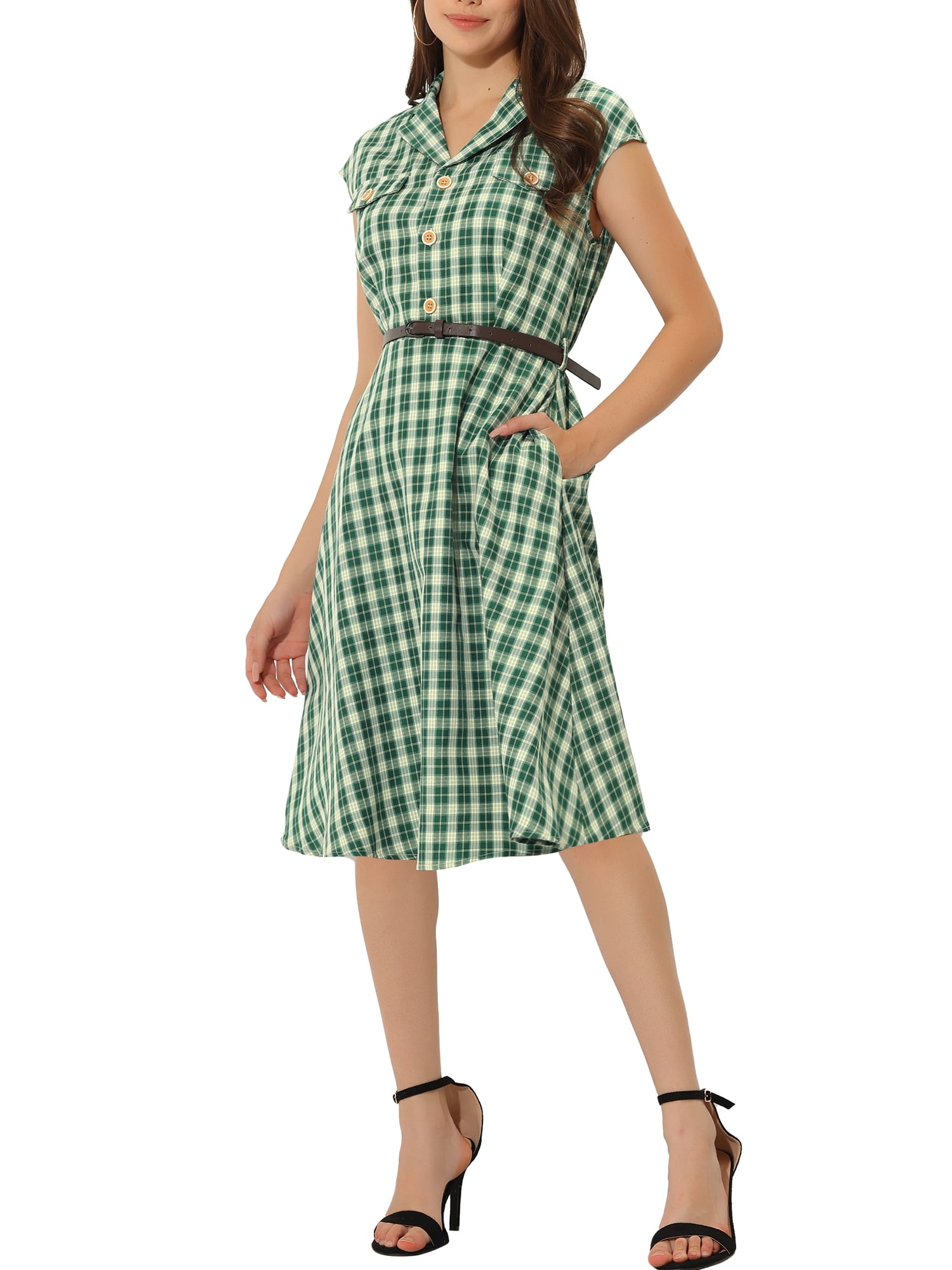 Unique Bargains Women's Button Front Cap Sleeve Retro Belted Plaid Dresses M Green