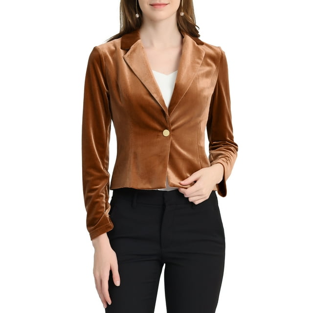 Unique Bargains Women's Button Front Velvet Blazer Lapel Office Crop Suit Jacket S Brown