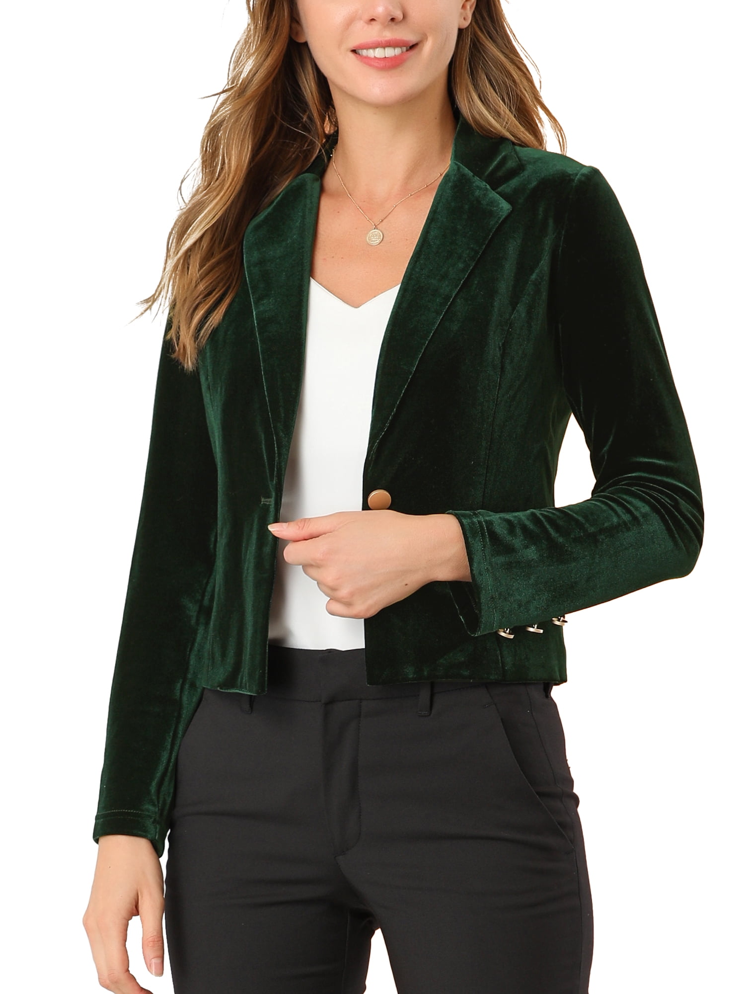 Unique Bargains Women's Button Front Velvet Blazer Lapel Office Crop