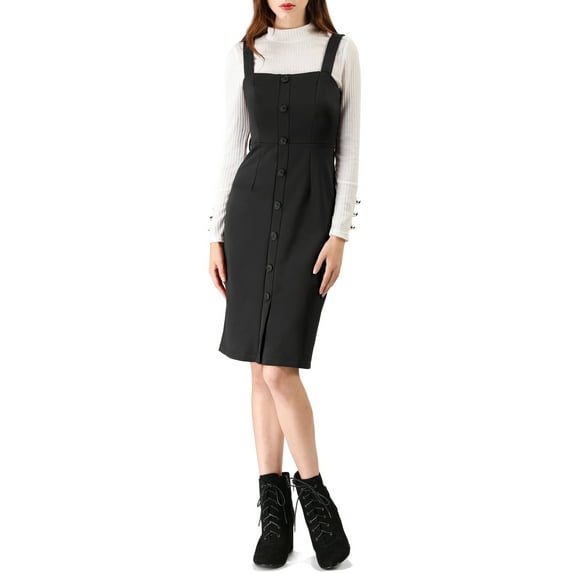 Unique Bargains Women's Button Strap Sheath Suspender Overall Jumper Dress XL Black