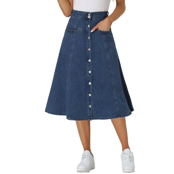 GRACE & GRANDEUR Women's Buttons Front High Waist A-Line Flowy Midi Skirts with Pocket XL Medium Blue