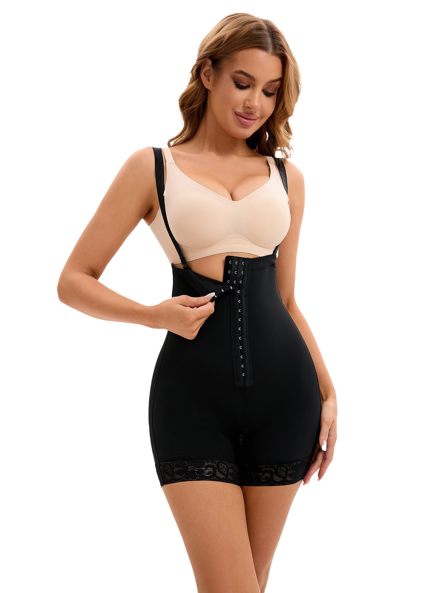 DARING DIVA Women's Cami Front Hook Thigh Slimmers Shapewear Bodysuits Black L