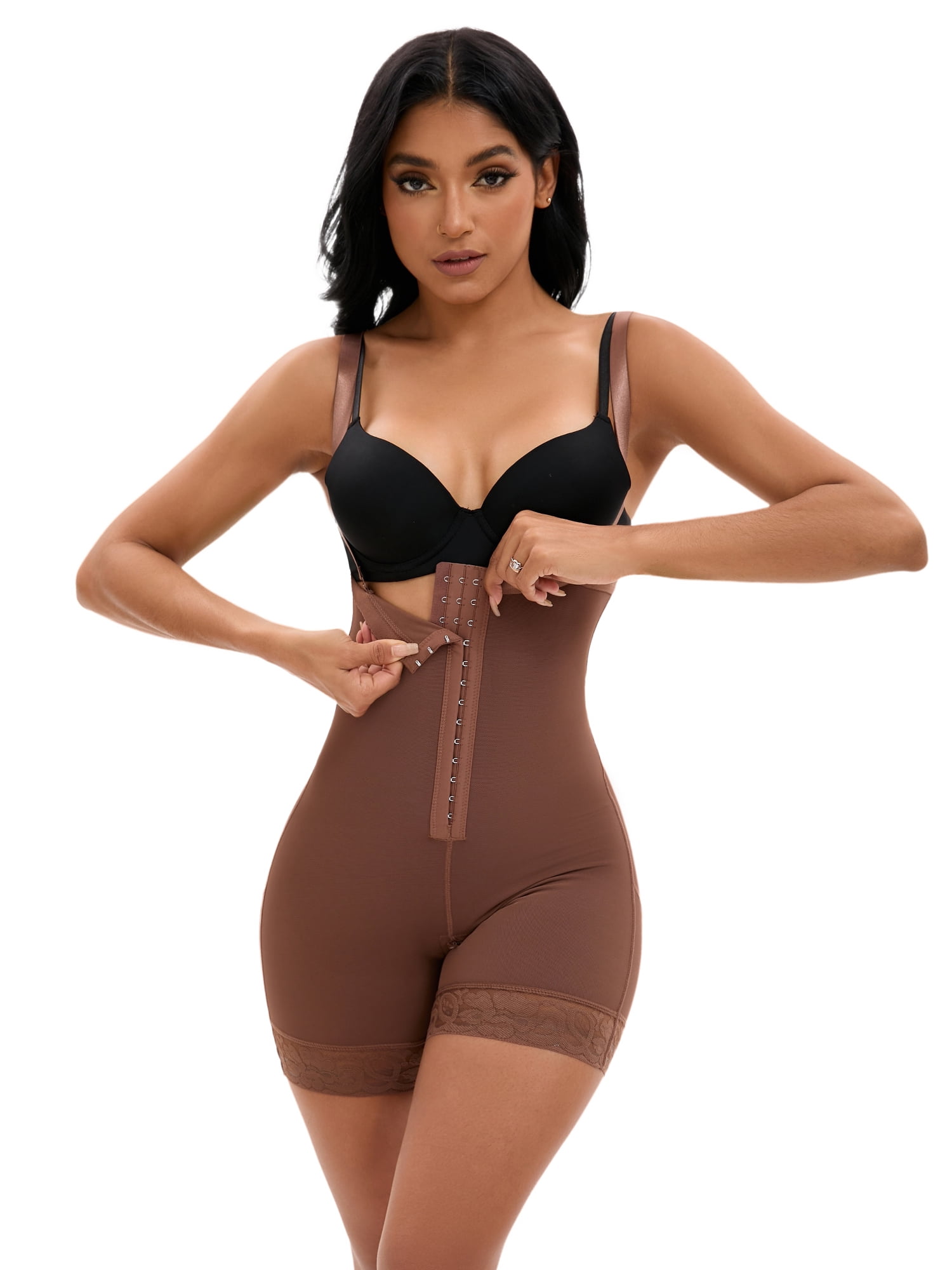 DARING DIVA Women's Cami Front Hook Thigh Slimmers Shapewear Bodysuits Brown L