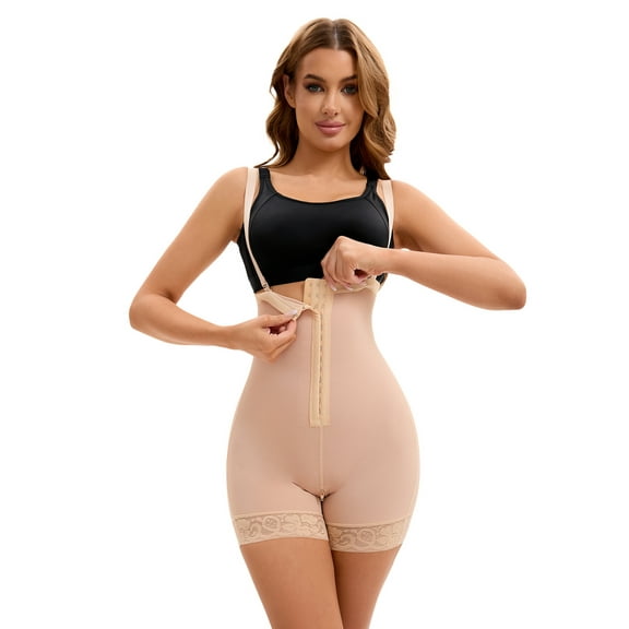 DARING DIVA Women's Cami Front Hook Thigh Slimmers Shapewear Bodysuits Beige S