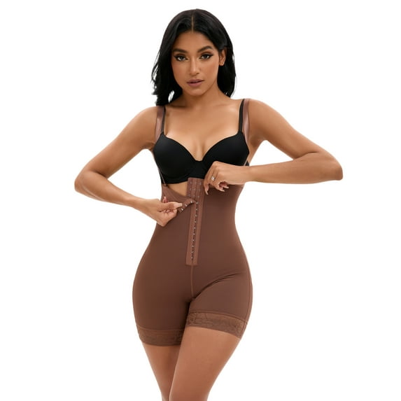 DARING DIVA Women's Cami Front Hook Thigh Slimmers Shapewear Bodysuits Brown S