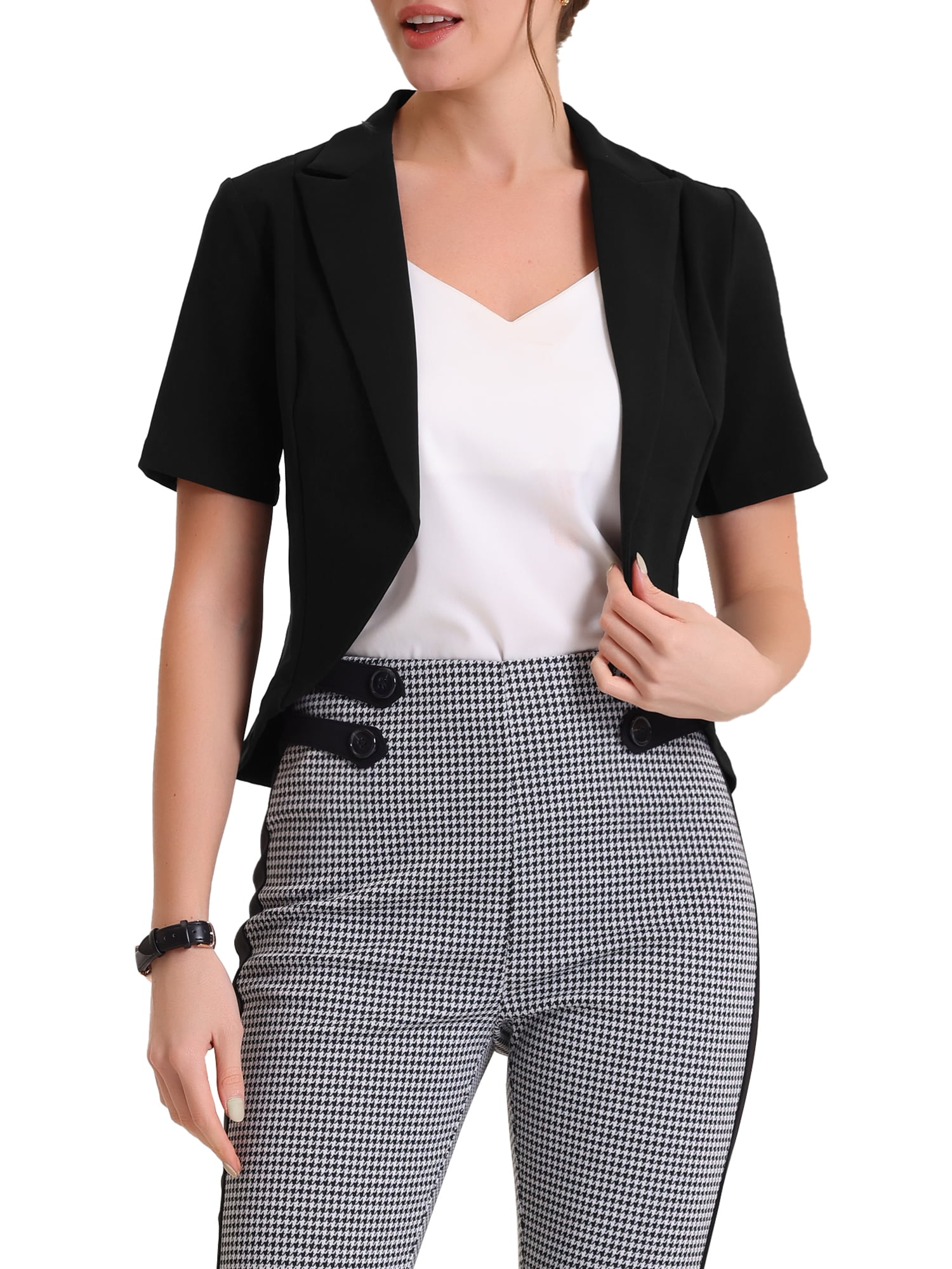 Unique Bargains Women's Cardigan Open Front Notch Lapel Short Sleeve Blazer XL Balck