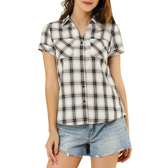 Unique Bargains Women's Casual Boyfriend Plaid Button Down Flannel Shirt M White Black