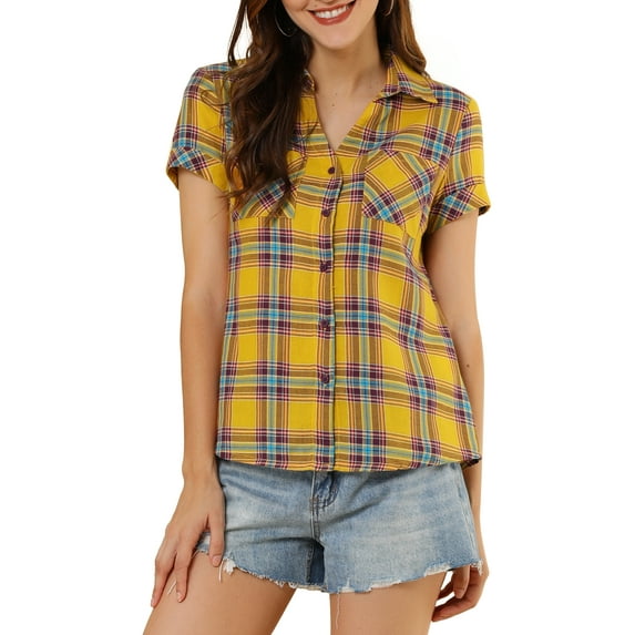 Unique Bargains Women's Casual Boyfriend Plaid Button Down Flannel Shirt S Yellow