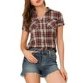 thumbnail image 1 of Unique Bargains Women's Casual Boyfriend Plaid Button Down Flannel Shirt XL Beige Red, 1 of 7