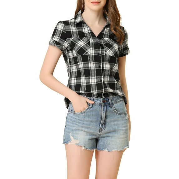 Unique Bargains Women's Casual Boyfriend Plaid Button Down Flannel Shirt XL Black